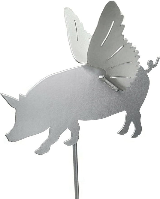 Pets and Farm Animals Metal Garden Landscape Stake (9" Wide Flying Pig on Stake, Silver)