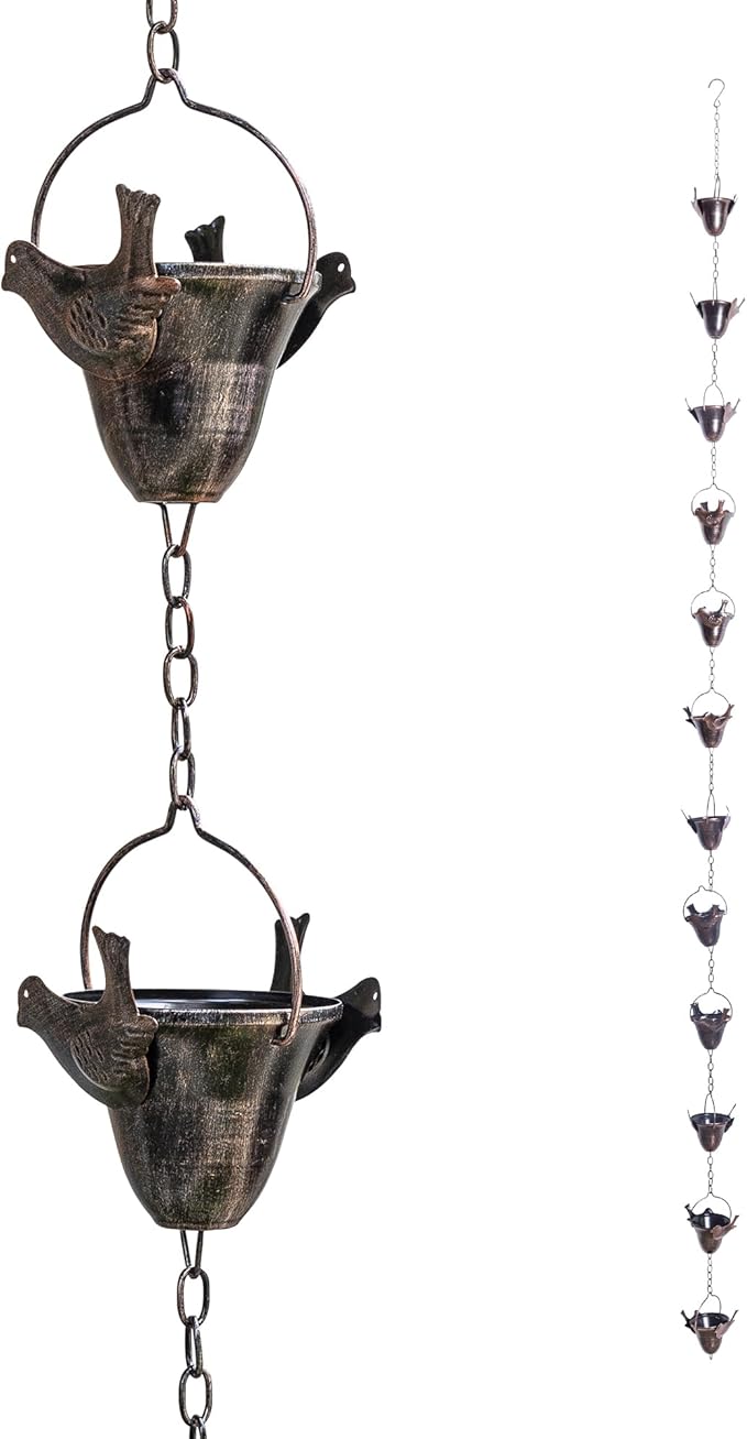 TZSSP 8FT Rain Chain with 12 Cups - Adjustable Gutter Downspout Replacement & Rainwater Catcher, Outdoor Decor with Hummingbird Design for Garden, Roof, Drainage