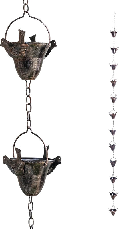 TZSSP 8FT Rain Chain with 12 Cups - Adjustable Gutter Downspout Replacement & Rainwater Catcher, Outdoor Decor with Hummingbird Design for Garden, Roof, Drainage