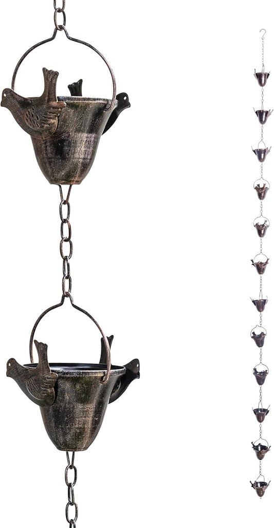 TZSSP 8FT Rain Chain with 12 Cups - Adjustable Gutter Downspout Replacement & Rainwater Catcher, Outdoor Decor with Hummingbird Design for Garden, Roof, Drainage