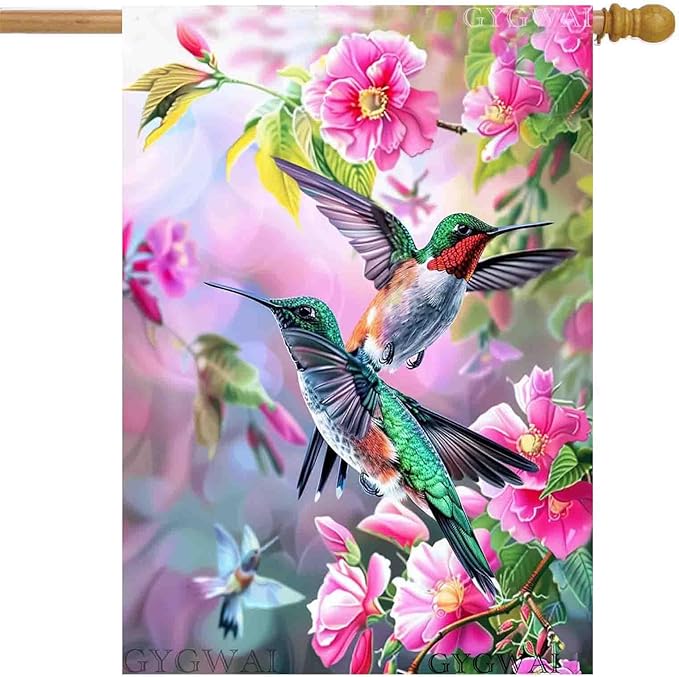 Hummingbird Spring House Flag for Outside 28x40 Inch Double Sided Floral Birds Yard Outdoor Flag for Seasonal Farmhouse Outdoor Decoration