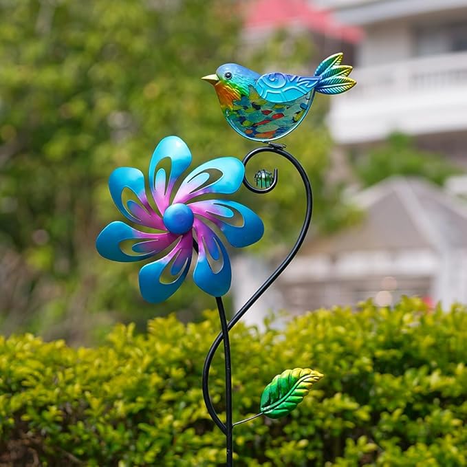 Wind Spinners Outdoor, Kinetic Metal Wind Spinner, Decorative Glass Bird Windmill Waterproof Pinwheels for Yard and Garden Decor