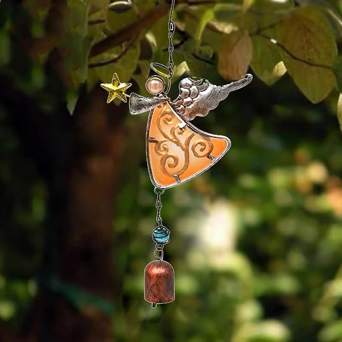 MrMrKura Metal Angel Wind Chime Hanging Decoration Ornament Wing Angel Bell Decorative Hanging Bells, Gifts for Home Garden Decor Crafts (Yellow)