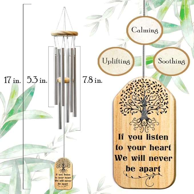 Personalized Sympathy Wind Chimes for Loss of Loved One, 17 Inches, Tree of Life - Add Photo and Text - Metal Tubes and Custom Wooden Striker Windcatcher