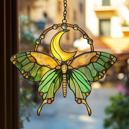Cresent Luna Moth Acrylic Suncatcher Stained Glass Effect Window Car Hanging Christmas Ornament Indoor Outdoor Decor Garden Sun Catcher Panel for Butterfly Lover for Women Mom Grandma