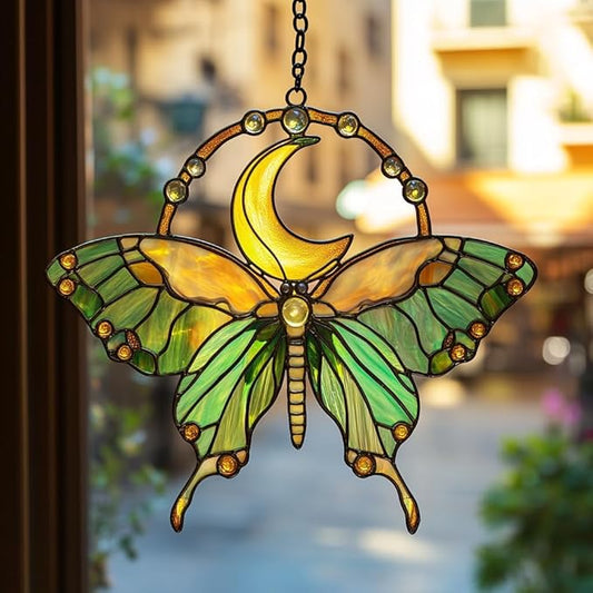 Cresent Luna Moth Acrylic Suncatcher Stained Glass Effect Window Car Hanging Christmas Ornament Indoor Outdoor Decor Garden Sun Catcher Panel for Butterfly Lover for Women Mom Grandma
