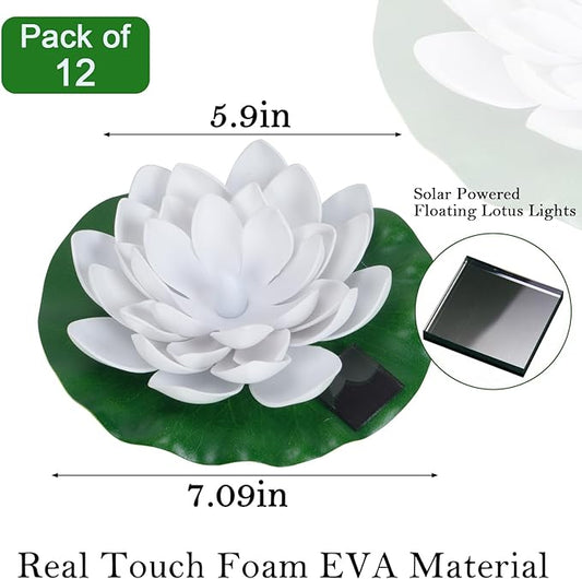 12 PCS Solar Powered Floating Lotus Lights - 7.09'' Waterproof Floating Flower Light, Solar Water Activated Pool Lotus Lamp for Garden Pond Wedding Party Decoration (White)