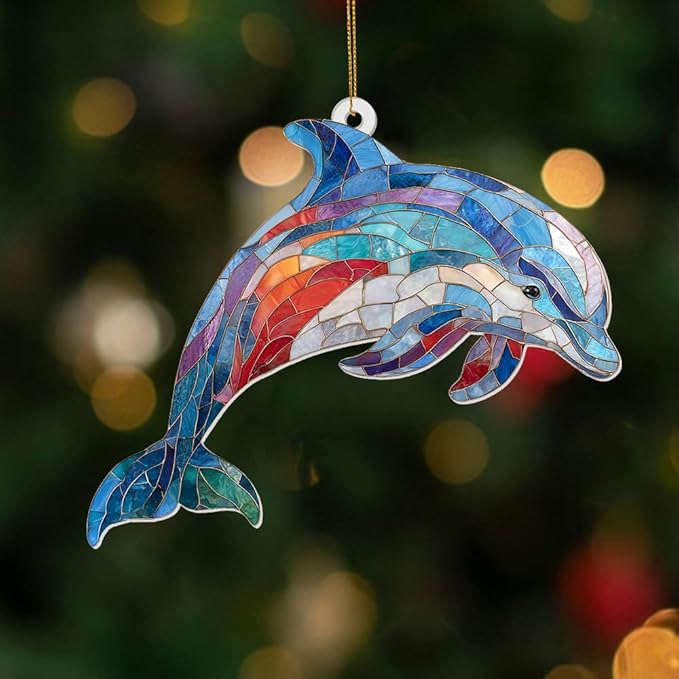 Dolphin Stained Glass Ornament, Ocean Marine Life Window Hanging Suncatcher Acrylic Decor, Nautical Animal Ornament for Home, Car Mirror, Beach House, Collectible Gift for Dolphin Lovers(Sun-08)