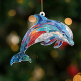 Dolphin Stained Glass Ornament, Ocean Marine Life Window Hanging Suncatcher Acrylic Decor, Nautical Animal Ornament for Home, Car Mirror, Beach House, Collectible Gift for Dolphin Lovers(Sun-08)