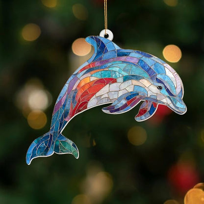 Dolphin Stained Glass Ornament, Ocean Marine Life Window Hanging Suncatcher Acrylic Decor, Nautical Animal Ornament for Home, Car Mirror, Beach House, Collectible Gift for Dolphin Lovers(Sun-08)