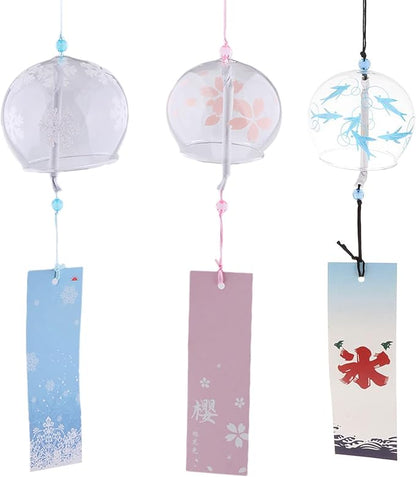 Japanese Wind Chimes, Set of 3 Glass Windchime Wind Bells Flower Painted Pattern, Garden Patio Hanging Decoration