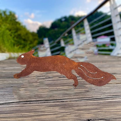 Rustic Metal Squirrel Garden Statue with Rusty Finish, Weather-Resistant Iron Yard Decor Stake for Courtyard or Lawn, 12in and 16.5in(30cm)