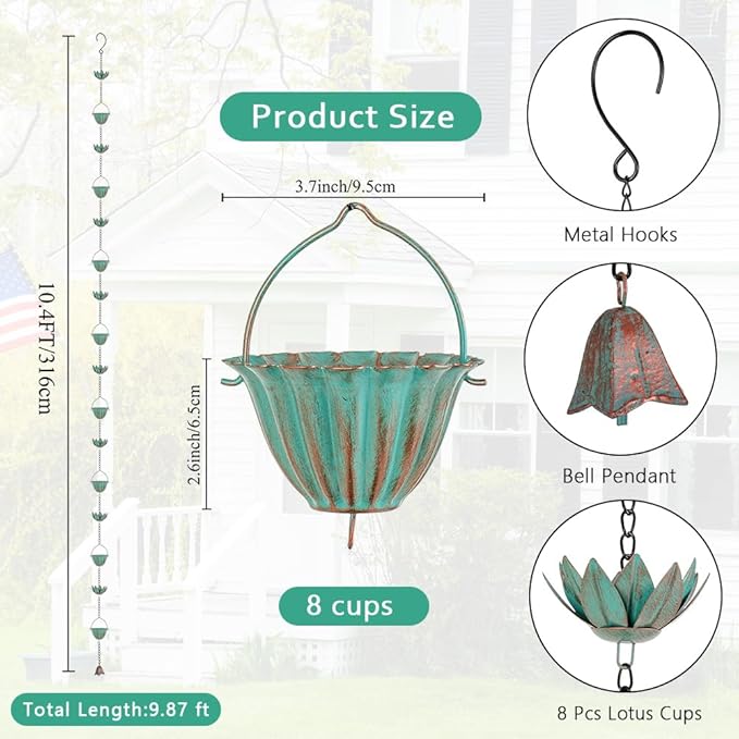 10.4FT Lotus Rain Chains for Outside, Rain Gutter Chain with 16 Cups, Adjustable Rain Catcher Chain for Eaves Drainage, Replacement for Downspout
