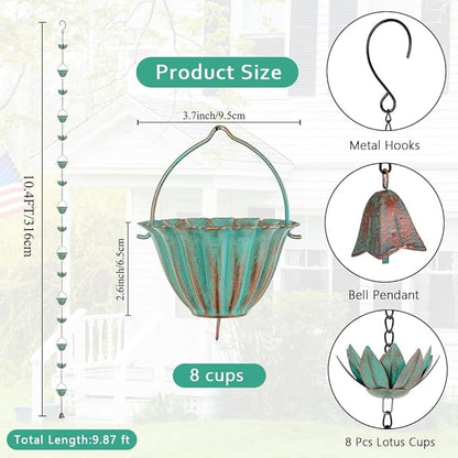10.4FT Lotus Rain Chains for Outside, Rain Gutter Chain with 16 Cups, Adjustable Rain Catcher Chain for Eaves Drainage, Replacement for Downspout