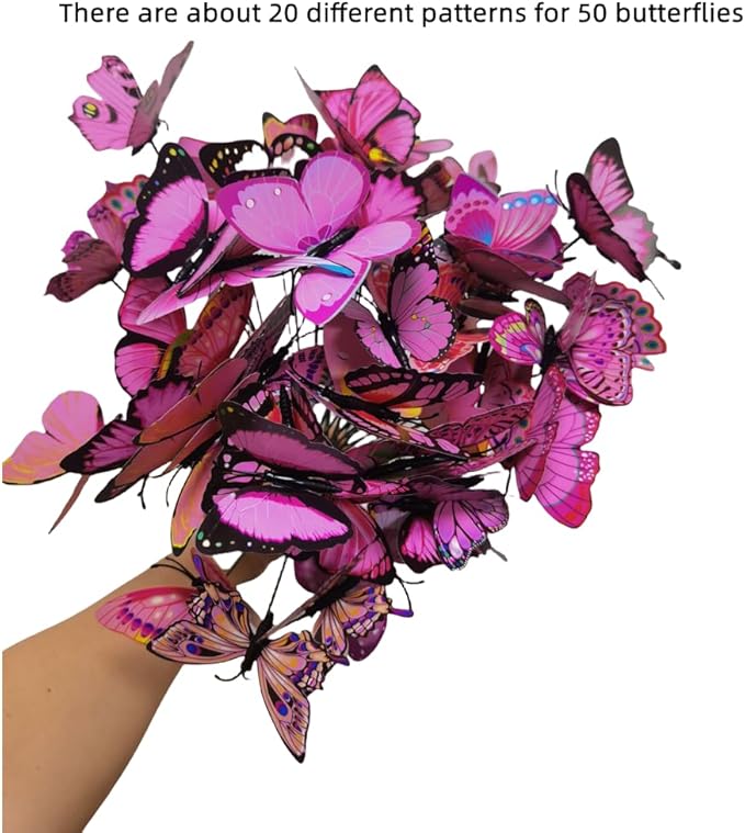 Rikyo 3D Butterfly Garden Stake Decor,10" PVC Butterfly Garden Decor for Outside,Shaking Head Artificial Butterflies for Cake Bouquet Wall Lawn Pathway Plant Pot Flower Bed Yard Decor (50, Pink)