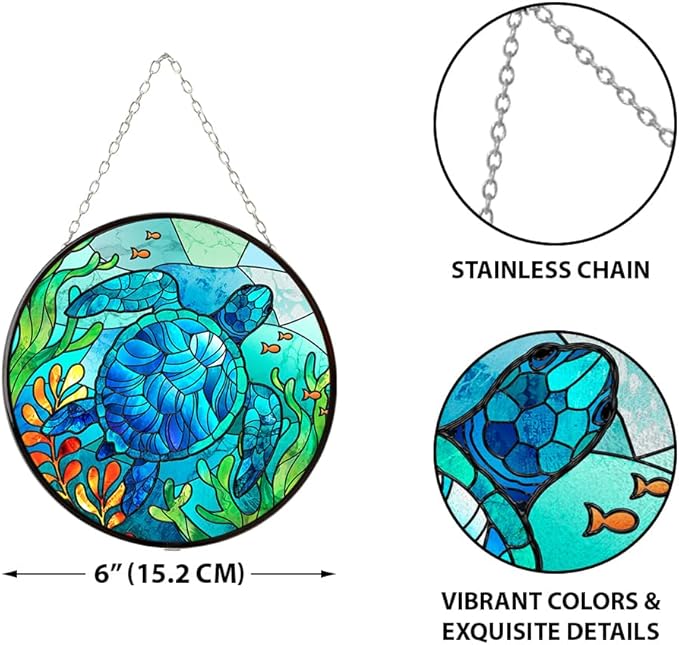 WIRESTER Stained Glass Suncatcher 6 Inch, Glass Panel with Metal Chain, Sun Catcher Window Hanging Ornament for Indoor Outdoor Wall Art Home Decoration - Sea Turtle Ocean