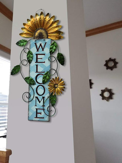 Attraction Design Welcome Sign for Front Door Decor Hanging Sign, Metal Flower Welcome Door Sign Wall Art Decor Hanging for Indoor Outdoor Patio Garden Yard Sign Porch Decoration 15.25X8.5In (B)