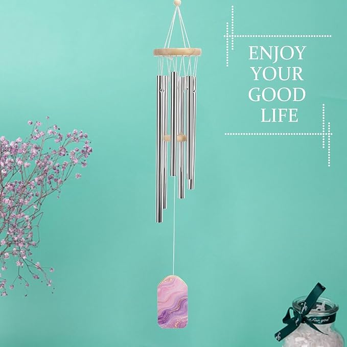 Pink Purple Marble Wind Chime 20.5 Inch, Wooden & Metal Windchime for Outdoor Garden Indoor Home Decor, Memorial Gift Wind Bell with Relaxing Sound for Patio Yard Bedroom