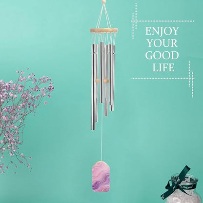 Pink Purple Marble Wind Chime 20.5 Inch, Wooden & Metal Windchime for Outdoor Garden Indoor Home Decor, Memorial Gift Wind Bell with Relaxing Sound for Patio Yard Bedroom