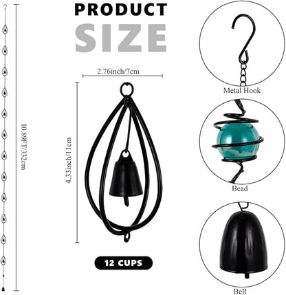 dreamysoul Rain Chains for Gutters, 10.27FT Black Teardrop Rain Chains with Bell, Rain Catcher Chains for Outside, Downspout, Eaves, Drainage