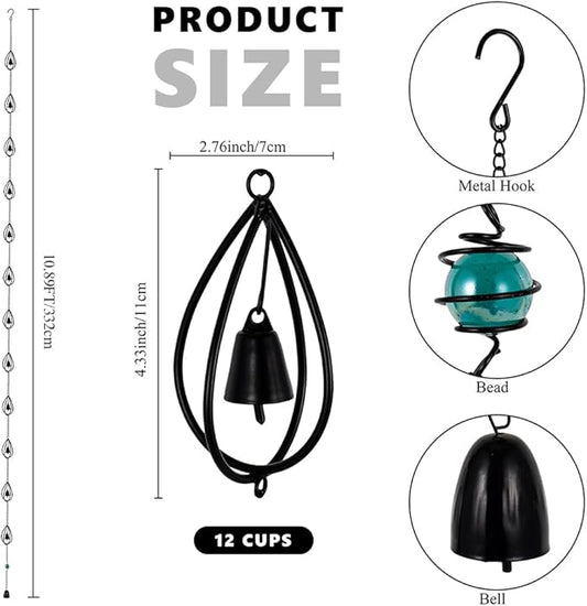 dreamysoul Rain Chains for Gutters, 10.27FT Black Teardrop Rain Chains with Bell, Rain Catcher Chains for Outside, Downspout, Eaves, Drainage