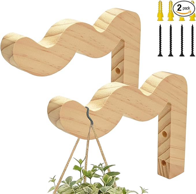 Upriver 2 Pack Wavy Wooden Plant Hangers, Plant Wall Bracket for Indoor Outdoor, Natural Hanging Plant Hooks for Wind Chimes Flower Brackets Bird Feeders Patio Garden Decoration