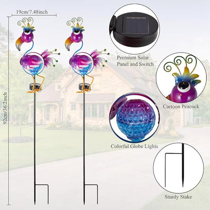 2 Pack Outdoor Solar Lights, Peacock Pathway Lights Solar Powered Global Yard Ornaments Waterproof Landscape Lighting for Garden, Porch Decor