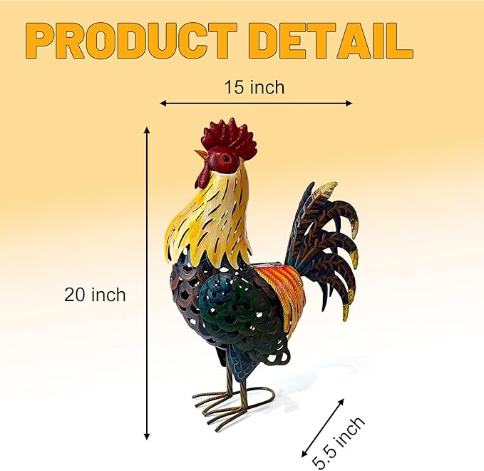LIFFY Metal Chicken Yard Decor, 20" Rooster Outdoor Garden Solar Lights,Rooster Decorative Statues Outside with Led Light for Landscape Patio Lawn Backyard