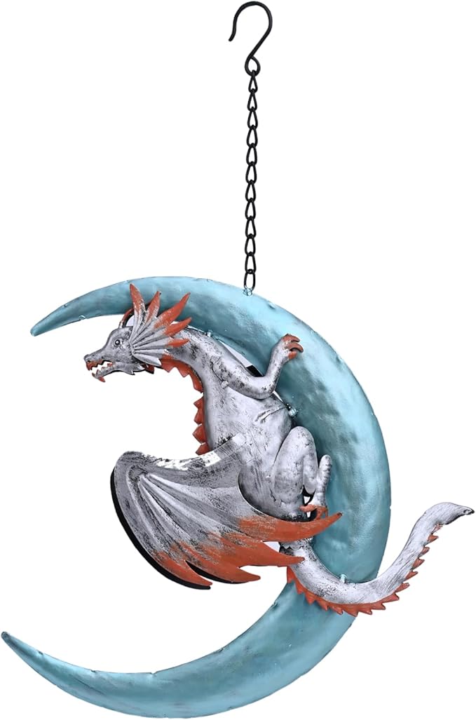 Metal Dragon Hanging Decoration Tree Ornaments Figurines, Dragon Moon Hugger Wall Plaques Statues, Outdoor Wind Sculptures Art for Patio Lawn Deck Pool Yard Stump Branches Porch Balcony Garden Decor