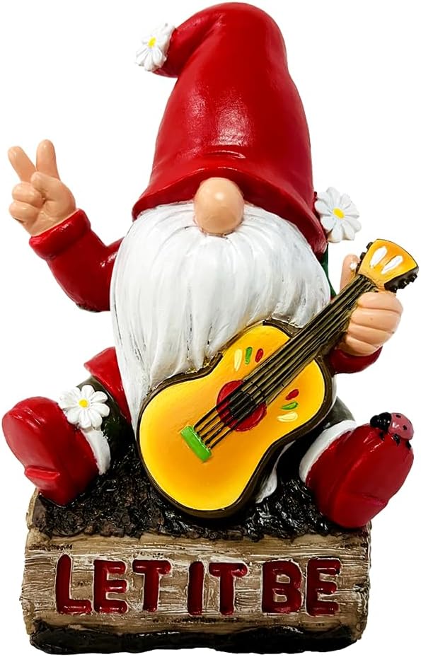 OrnamentallyYou Hippy Gnome with Guitar Garden Statue, Unique Flowers and Peace Sign