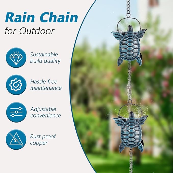 10 FT Rain Chains for Gutter, Rain Chain with 12 Turtle Shape Cups Adjustable Rain Catcher Chain for Gutters, Eaves, Drainage, Replacement for Downpout