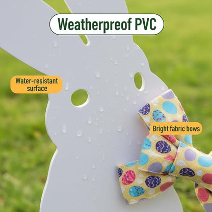 4PCS Easter Bunny Yard Decorations,Waterproof PVC Bunny Signs with Metal Stakes & Colorful Egg Bows for Outdoor Spring Garden and Lawn Decor