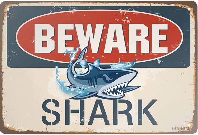 Retro Tin Signs Vintage Style Beware Of Shark Metal Sign Iron Painting for Indoor & Outdoor Home Bar Coffee Kitchen Wall Decor 12 x 8 INCH