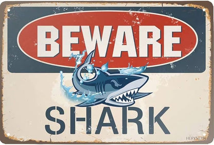 Retro Tin Signs Vintage Style Beware Of Shark Metal Sign Iron Painting for Indoor & Outdoor Home Bar Coffee Kitchen Wall Decor 12 x 8 INCH