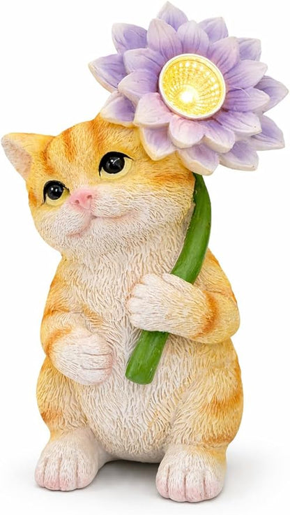 GoGnome Solar Cat Garden Statue with LED Flower for Mom Woman – 6.5‘’ Hand-Painted Resin Outdoor Kitten Figurine, Automatic Night Light, Yard Patio Lawn Decor (Kitten)