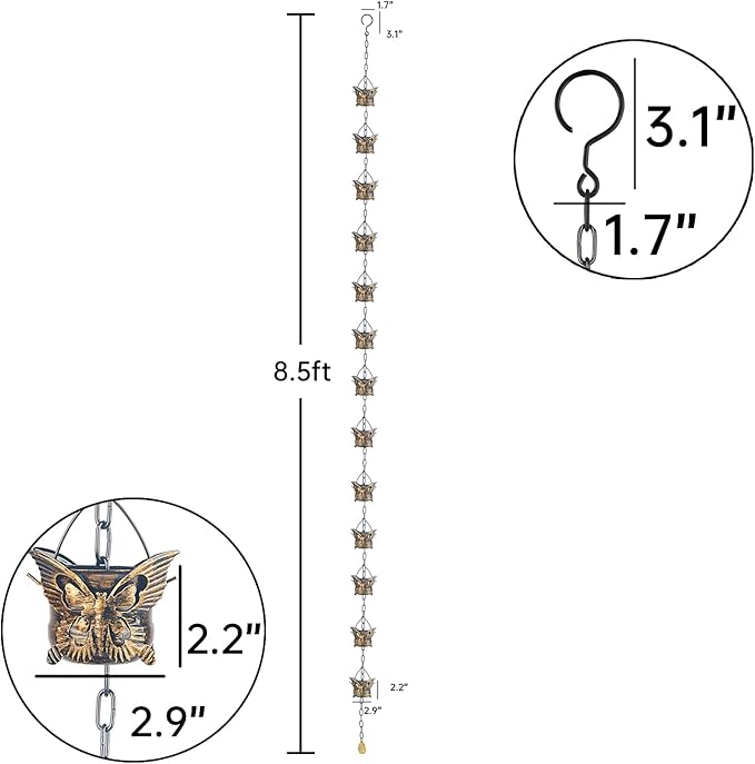 Rain Chains for Gutters Outside 8.5FT Copper Rain Catcher Chain with 13 Butterfly Cups Decorative Replacement for Downspout