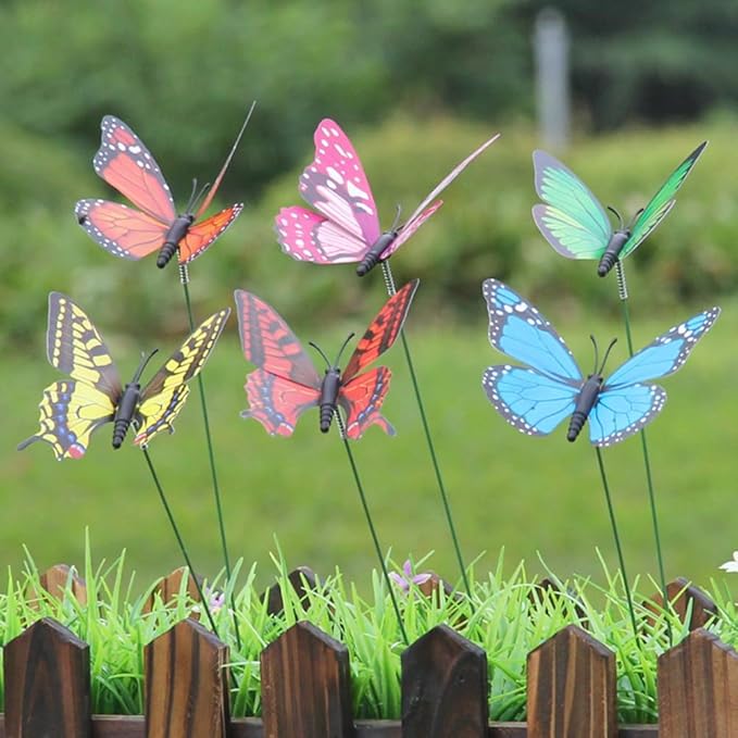 NUOBESTY 12pcs Fake Butterfly Stakes 3D Butterflies Stake for Garden Lawn Patio Yard Pathway Indoor Outdoor Ornaments (Random Color)