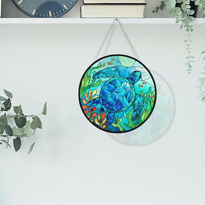 WIRESTER Stained Glass Suncatcher 6 Inch, Glass Panel with Metal Chain, Sun Catcher Window Hanging Ornament for Indoor Outdoor Wall Art Home Decoration - Sea Turtle Ocean