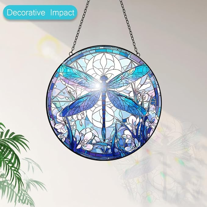 Dragonfly Suncatcher Stained Glass Window Hanging - 8” Handmade Suncatchers for Windows Door Home Garden Decor - Sun Catchers Indoor Wall Art Glass Panel Ornaments - Mothers Day Grandma Gifts for Mom