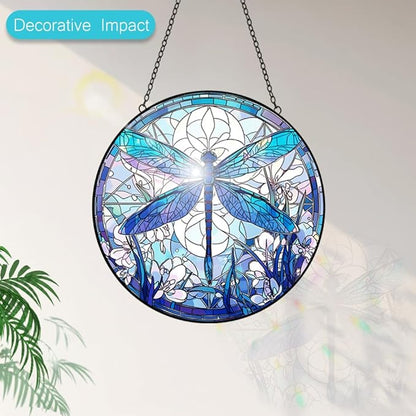 Dragonfly Suncatcher Stained Glass Window Hanging - 8” Handmade Suncatchers for Windows Door Home Garden Decor - Sun Catchers Indoor Wall Art Glass Panel Ornaments - Mothers Day Grandma Gifts for Mom