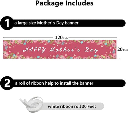 Probsin Large Happy Mother's Day Banner Decorations 120x20 Inch Mothers Day Yard Sign Holiday Hanging Outdoor Decor Pink Flowers Party Supplies for Indoor Outdoor Garden Fence Balcony Lawn Home Decor