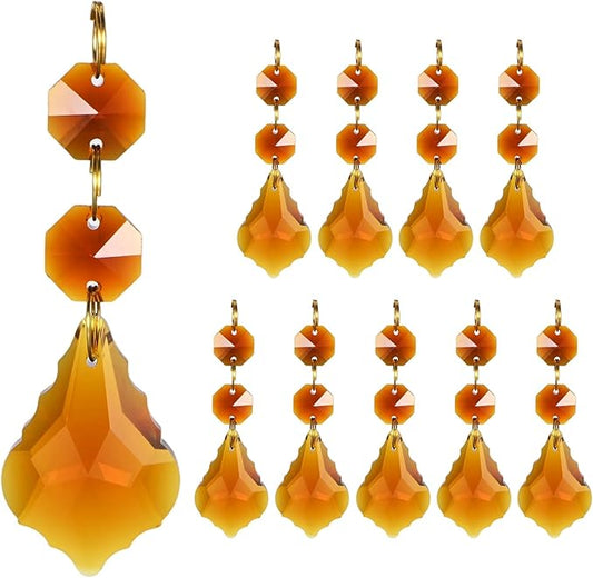 M METERXITY 10PCS Crystal Suncatcher 2 Leaves Prisms Pendants Ornament, 38mm Chandelier Hanging Crystal Sun Catcher Beads for Home Garden Windows Wedding DIY Decoration [Amber]