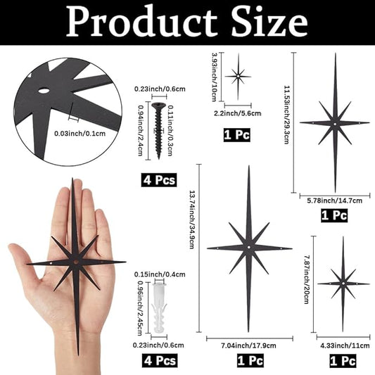 CREATCABIN 4Pcs Star Burst Wall Decor Black Mid Century Modern Metal Wall Art Sculpture Retro 8 Pointed Atomic Stars Celestial Hanging Ornament Accents for Home Bedroom Office Room Decoration