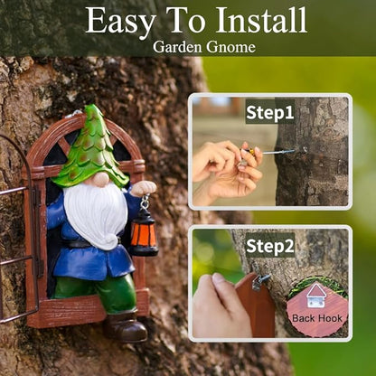 Mini Garden Gnomes Elf Out The Door Tree Hugger 5.6" Garden Statue Hanging Garden Gnomes Outdoor Decorations Tree Faces Decor Outdoor for Fairy Garden Patio Lawn Porch (Blue Green)