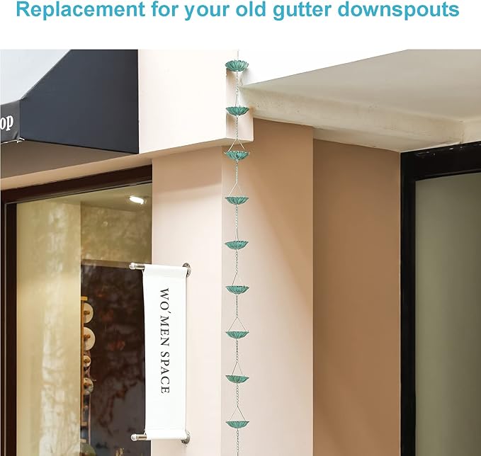 Jemeni 12-Cup Water Lily Rain Chain for Gutters 8.5ft, Green Patina Iron Easy-Install Gutter Chain Alternative, Outdoor Garden & Patio Decor