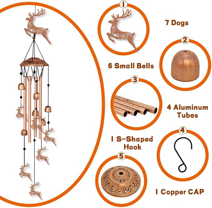ORIGACH Deer Wind Chimes Metal Wind Chimes for Outside Gifts for Women Mom Grandma Deep Tone Suitable for Outdoor, Indoor, Balcony, Garden, Courtyard, Porch, 33.46-Inch Long