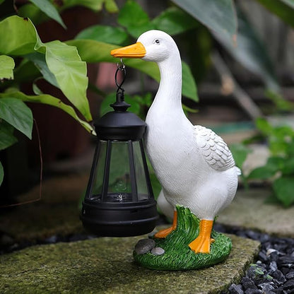 Garden Duck Statue with Solar Lantern, 7.7 Inches Resin White Duck Figurines Light Yard Art Sculpture Outdoor Decor for Patio Lawn Backyard Porch Ornaments
