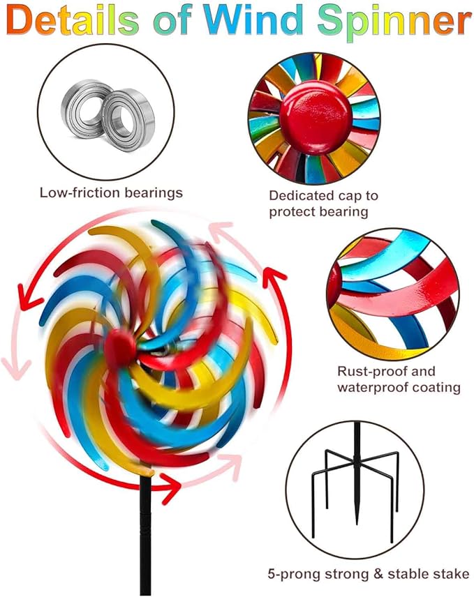 Wind Spinners Outdoor,Kinetic Wind Sculptures & Spinners, 63" Double-Side Metal Wind Spinner for Yard and Garden, Lawn Art Decorations Colorful
