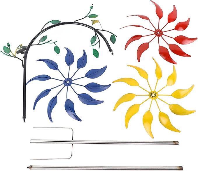 Diydeg Wind Spinner, Iron Three Moving Flowers Bright Colors Colorfast Garden Wind Spinner Rustproof Easy to Assemble Garden Windmill