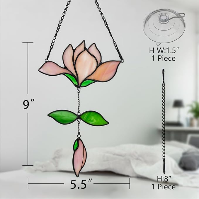 Magnolia Flower Gifts for Women Stained Glass Suncatcher for Window Hanging,Pink Flower Decor Stained Glass Sun Catcher Indoor Window,Flower Gift for Mom,Best Gifts for Teacher